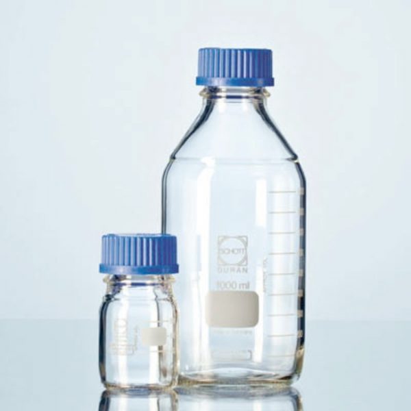 Clear laboratory bottles
